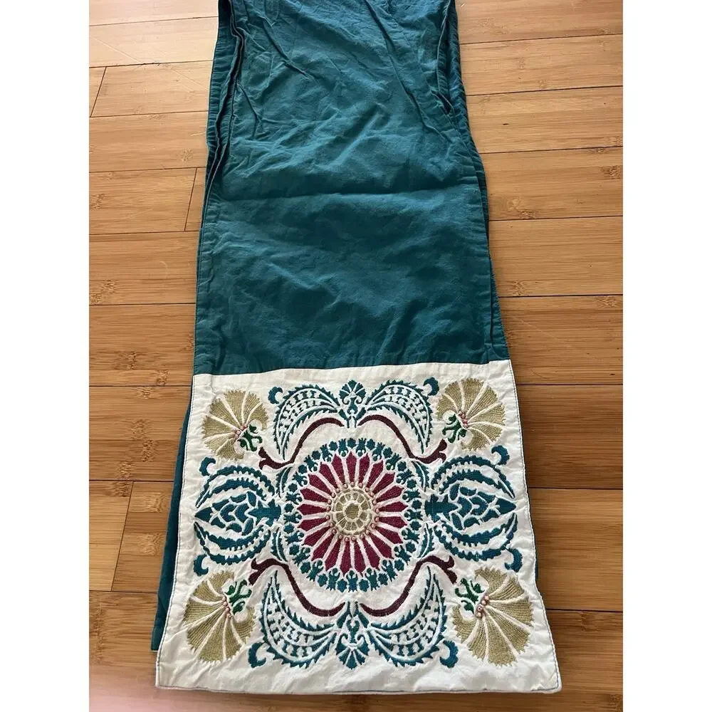 Cotton Floral Teal Embroidered Table Runner 67x12” Boho
